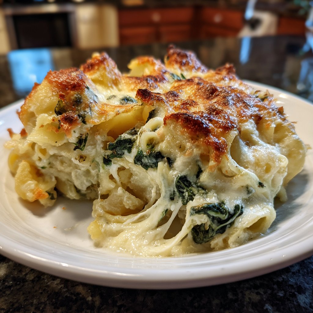 Nudelauflauf mit Spinat und Käse