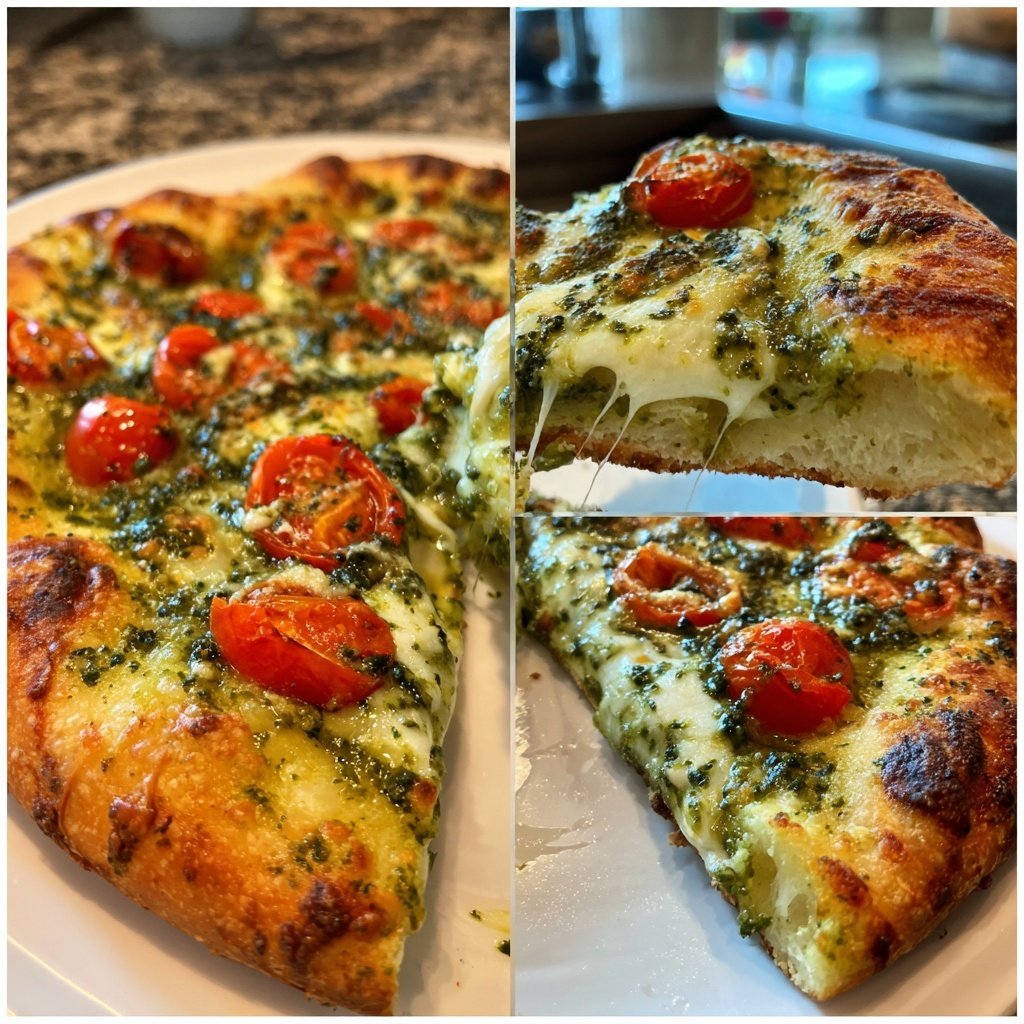 Pizza mit Pesto und Kirschtomaten